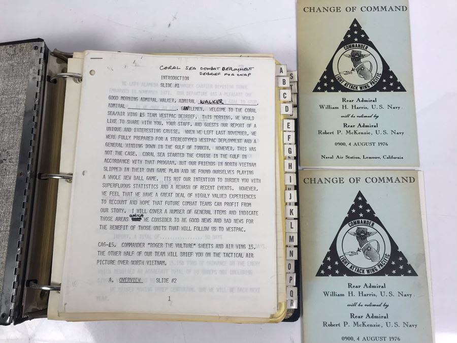Notebook With Dozens Of Speeches Written And Delivered By William 'Bill' H. Harris, RADM, USN (Ret.) Incl Speeches Addressing Vietnam War Coral Sea Combat Deployment Debrief & (2) Change Of Command Programs Commander Light Attack Wing Pacific - See Photos [Photo 2]