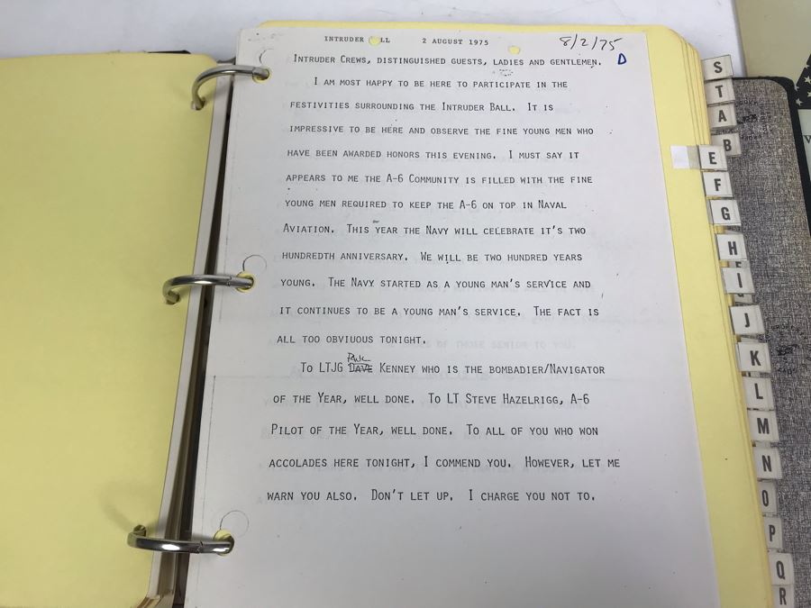 Notebook With Dozens Of Speeches Written And Delivered By William 'Bill' H. Harris, RADM, USN (Ret.) Incl Speeches Addressing Vietnam War Coral Sea Combat Deployment Debrief & (2) Change Of Command Programs Commander Light Attack Wing Pacific - See Photos [Photo 26]