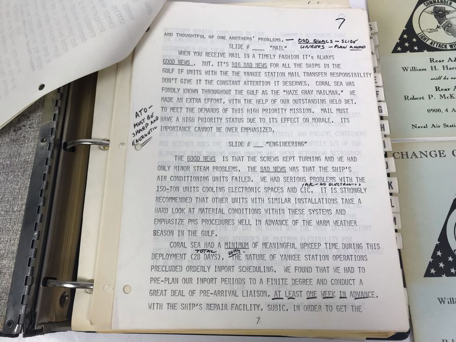 Notebook With Dozens Of Speeches Written And Delivered By William 'Bill' H. Harris, RADM, USN (Ret.) Incl Speeches Addressing Vietnam War Coral Sea Combat Deployment Debrief & (2) Change Of Command Programs Commander Light Attack Wing Pacific - See Photos [Photo 10]