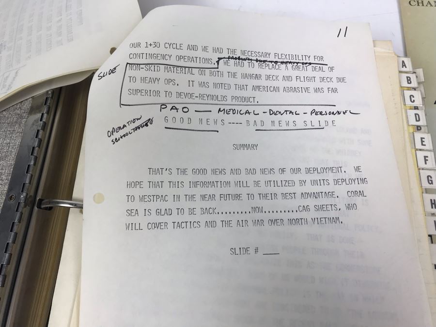 Notebook With Dozens Of Speeches Written And Delivered By William 'Bill' H. Harris, RADM, USN (Ret.) Incl Speeches Addressing Vietnam War Coral Sea Combat Deployment Debrief & (2) Change Of Command Programs Commander Light Attack Wing Pacific - See Photos [Photo 14]