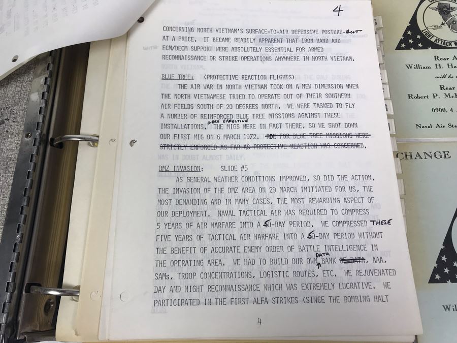 Notebook With Dozens Of Speeches Written And Delivered By William 'Bill' H. Harris, RADM, USN (Ret.) Incl Speeches Addressing Vietnam War Coral Sea Combat Deployment Debrief & (2) Change Of Command Programs Commander Light Attack Wing Pacific - See Photos [Photo 7]