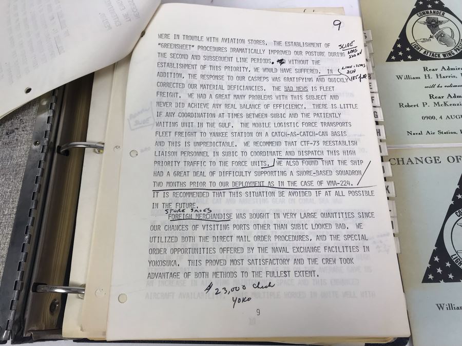 Notebook With Dozens Of Speeches Written And Delivered By William 'Bill' H. Harris, RADM, USN (Ret.) Incl Speeches Addressing Vietnam War Coral Sea Combat Deployment Debrief & (2) Change Of Command Programs Commander Light Attack Wing Pacific - See Photos [Photo 12]