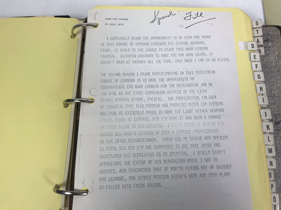 Notebook With Dozens Of Speeches Written And Delivered By William 'Bill' H. Harris, RADM, USN (Ret.) Incl Speeches Addressing Vietnam War Coral Sea Combat Deployment Debrief & (2) Change Of Command Programs Commander Light Attack Wing Pacific - See Photos [Photo 25]