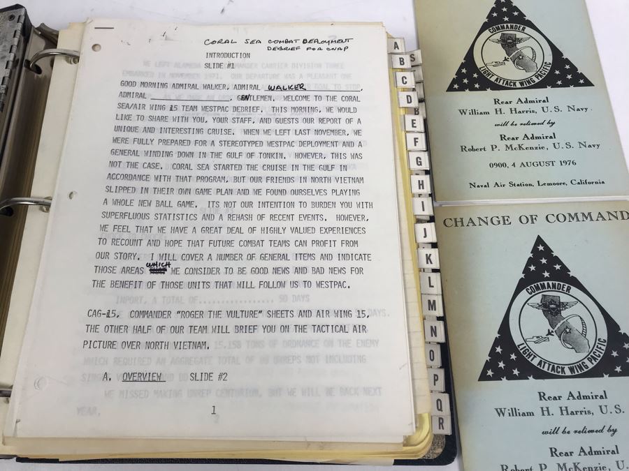 Notebook With Dozens Of Speeches Written And Delivered By William 'Bill' H. Harris, RADM, USN (Ret.) Incl Speeches Addressing Vietnam War Coral Sea Combat Deployment Debrief & (2) Change Of Command Programs Commander Light Attack Wing Pacific - See Photos