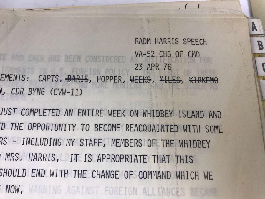 Notebook With Dozens Of Speeches Written And Delivered By William 'Bill' H. Harris, RADM, USN (Ret.) Incl Speeches Addressing Vietnam War Coral Sea Combat Deployment Debrief & (2) Change Of Command Programs Commander Light Attack Wing Pacific - See Photos [Photo 16]