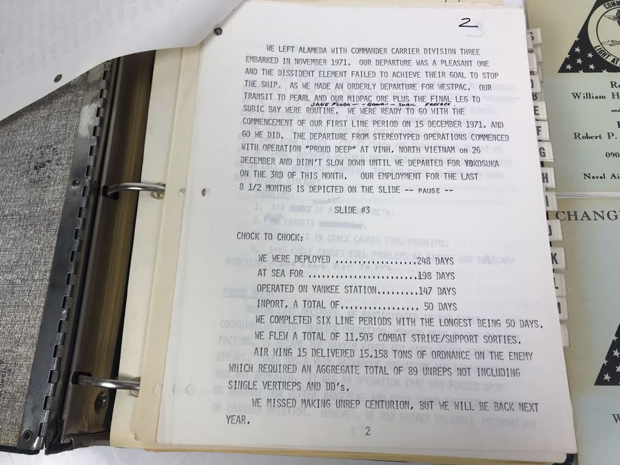 Notebook With Dozens Of Speeches Written And Delivered By William 'Bill' H. Harris, RADM, USN (Ret.) Incl Speeches Addressing Vietnam War Coral Sea Combat Deployment Debrief & (2) Change Of Command Programs Commander Light Attack Wing Pacific - See Photos [Photo 5]