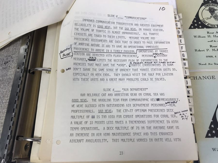 Notebook With Dozens Of Speeches Written And Delivered By William 'Bill' H. Harris, RADM, USN (Ret.) Incl Speeches Addressing Vietnam War Coral Sea Combat Deployment Debrief & (2) Change Of Command Programs Commander Light Attack Wing Pacific - See Photos [Photo 13]