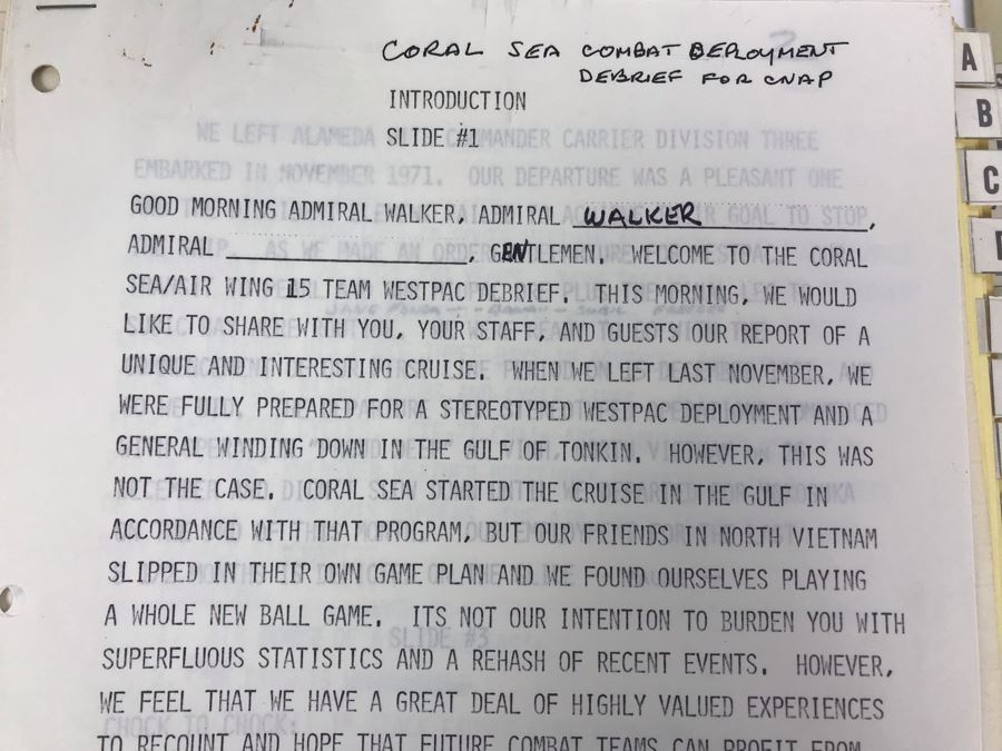 Notebook With Dozens Of Speeches Written And Delivered By William 'Bill' H. Harris, RADM, USN (Ret.) Incl Speeches Addressing Vietnam War Coral Sea Combat Deployment Debrief & (2) Change Of Command Programs Commander Light Attack Wing Pacific - See Photos [Photo 4]