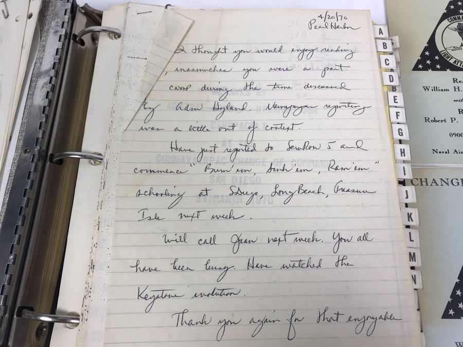 Notebook With Dozens Of Speeches Written And Delivered By William 'Bill' H. Harris, RADM, USN (Ret.) Incl Speeches Addressing Vietnam War Coral Sea Combat Deployment Debrief & (2) Change Of Command Programs Commander Light Attack Wing Pacific - See Photos [Photo 17]
