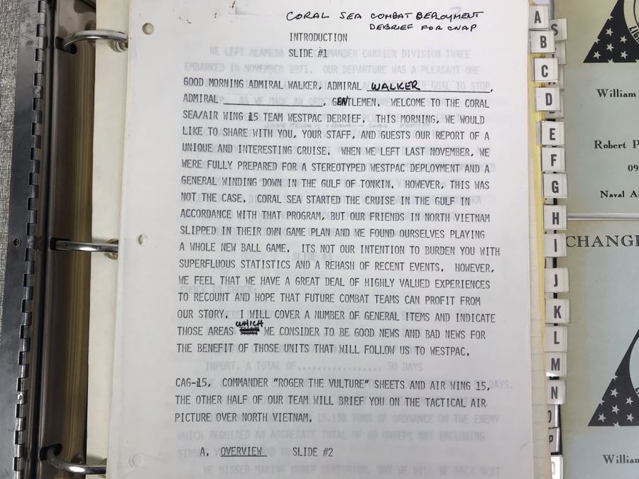 Notebook With Dozens Of Speeches Written And Delivered By William 'Bill' H. Harris, RADM, USN (Ret.) Incl Speeches Addressing Vietnam War Coral Sea Combat Deployment Debrief & (2) Change Of Command Programs Commander Light Attack Wing Pacific - See Photos [Photo 3]