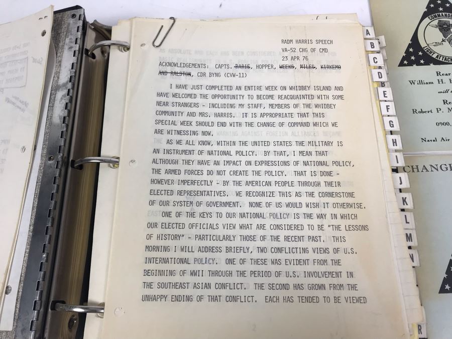Notebook With Dozens Of Speeches Written And Delivered By William 'Bill' H. Harris, RADM, USN (Ret.) Incl Speeches Addressing Vietnam War Coral Sea Combat Deployment Debrief & (2) Change Of Command Programs Commander Light Attack Wing Pacific - See Photos [Photo 15]