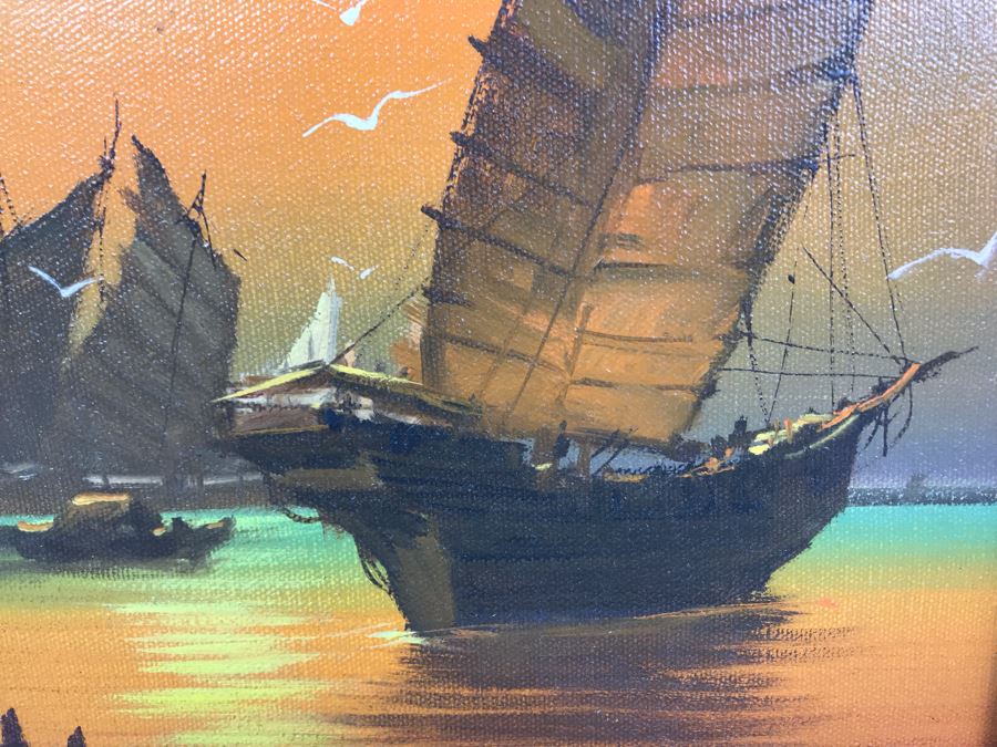 Signed Original Eastern Harbour Scene Oil Painting 17' X 14' [Photo 5]