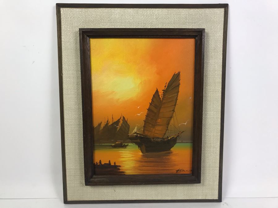 Signed Original Eastern Harbour Scene Oil Painting 17' X 14'