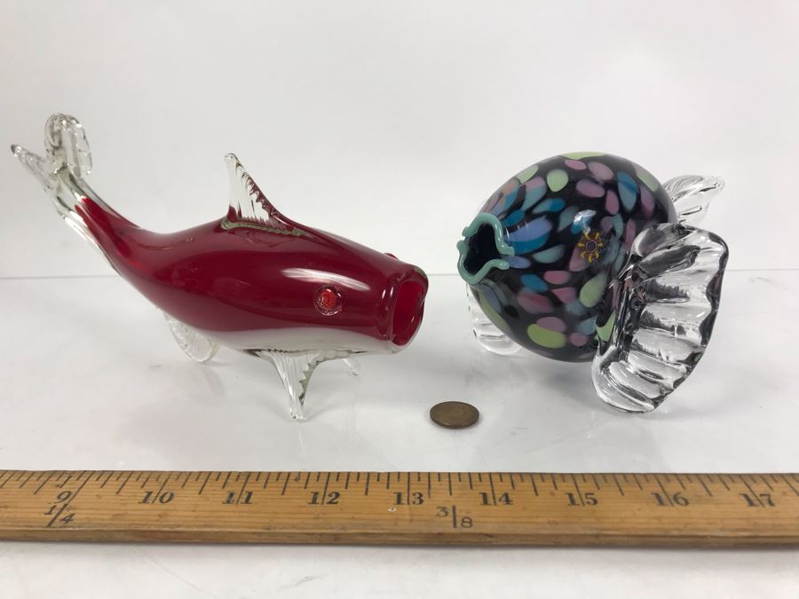Pair Of Art Glass Fish Sculptures - Fish On Right Is Signed