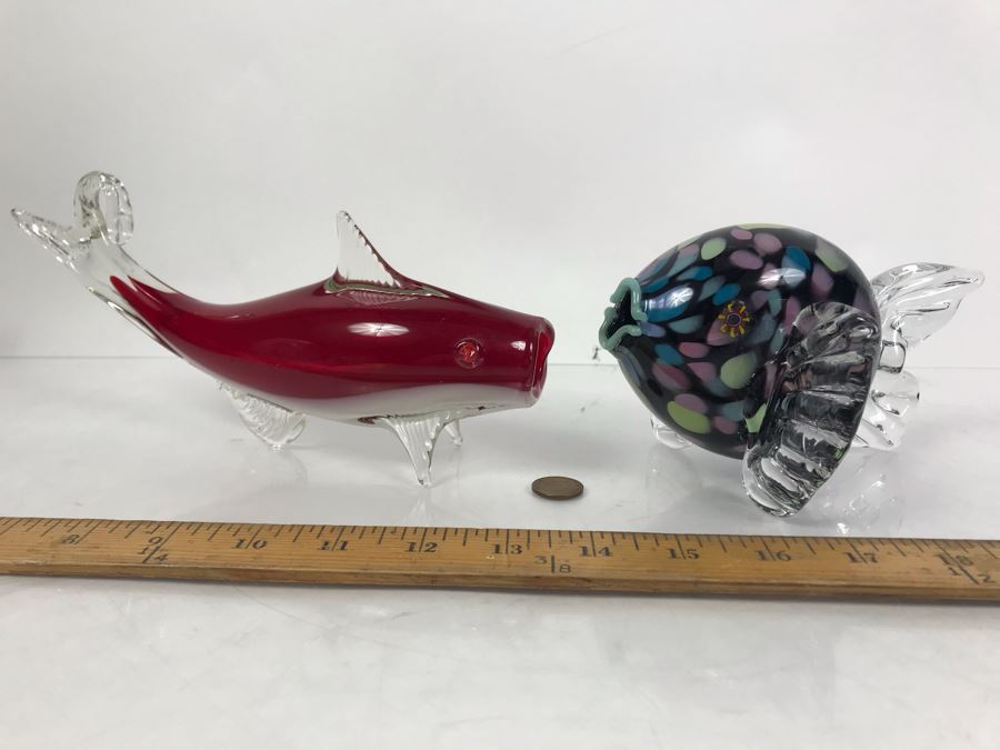 Pair Of Art Glass Fish Sculptures - Fish On Right Is Signed [Photo 2]