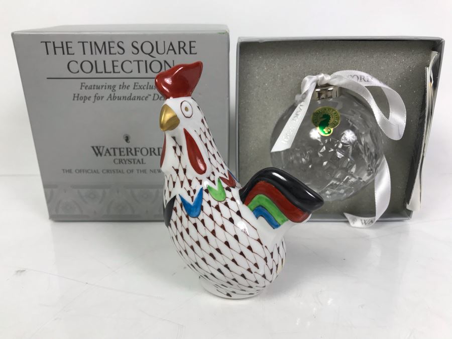 Waterford Crystal The Times Square Collection Ornament With Box And Hand Painted Hen Figurine From Hollohaza Hungary [Photo 3]