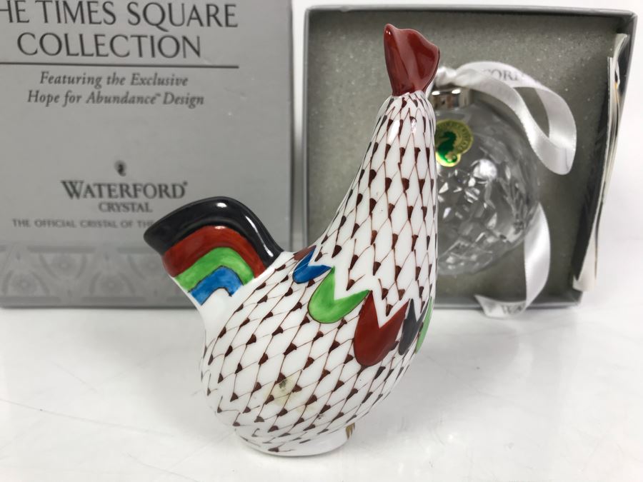 Waterford Crystal The Times Square Collection Ornament With Box And Hand Painted Hen Figurine From Hollohaza Hungary [Photo 5]