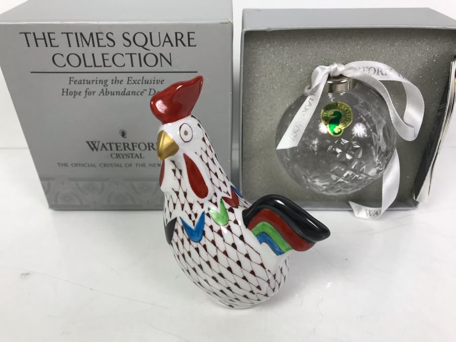 Waterford Crystal The Times Square Collection Ornament With Box And Hand Painted Hen Figurine From Hollohaza Hungary