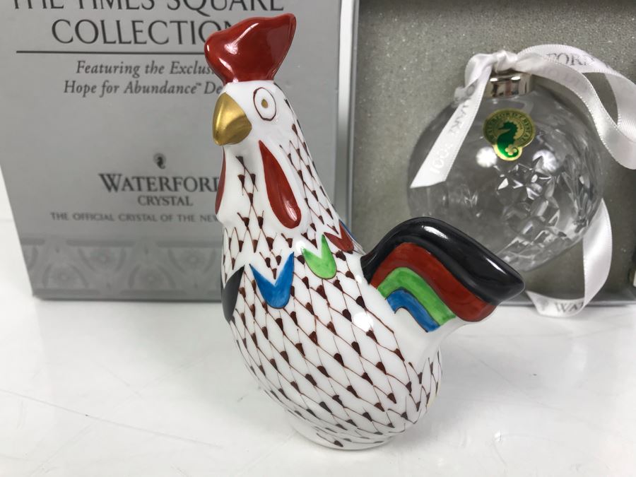 Waterford Crystal The Times Square Collection Ornament With Box And Hand Painted Hen Figurine From Hollohaza Hungary [Photo 4]