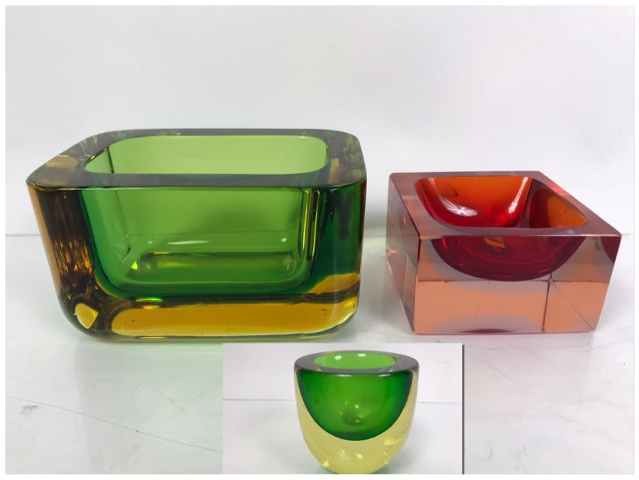 Set Of (3) Signed Vintage Italian Murano Glass Bowls By Flavio Poli