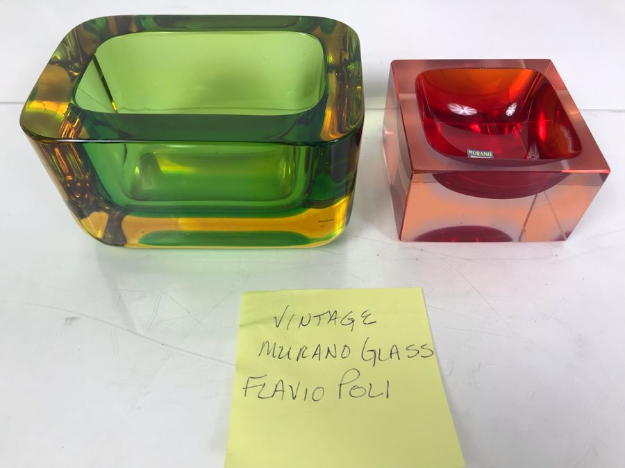 Set Of (3) Signed Vintage Italian Murano Glass Bowls By Flavio Poli [Photo 4]