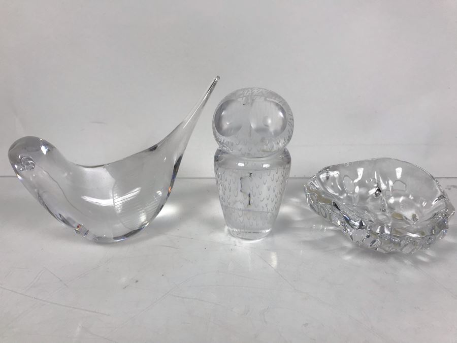 Pair Of Signed Vicke Lindstrand Kosta Boda Pioneer Swedish Glass Artist Animal Figurines: Owl And Bird And Signed BACCARAT France Crystal Dish