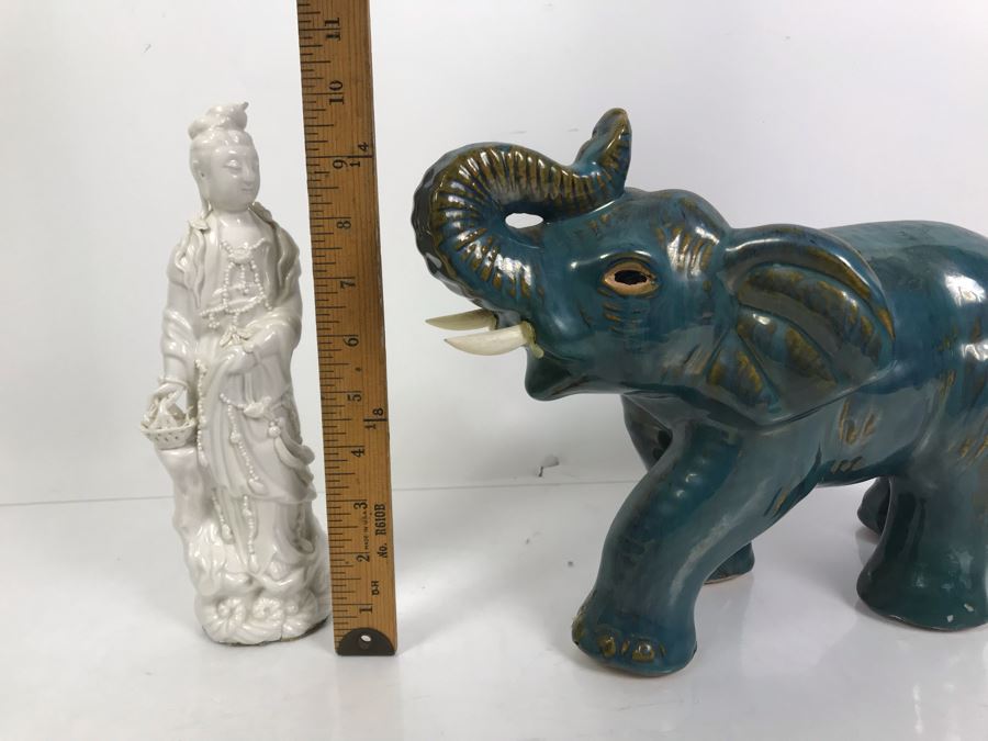 Signed White Chinese Blanc de Chine Porcelain Figure of Guanyin Guan Yin And Decorative Elephant Figurine [Photo 13]