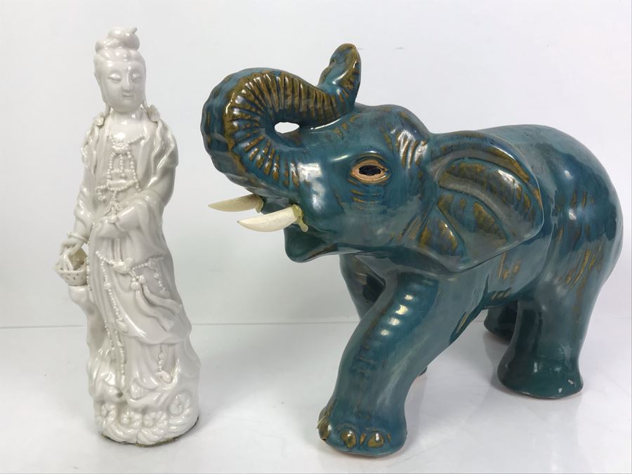 Signed White Chinese Blanc de Chine Porcelain Figure of Guanyin Guan Yin And Decorative Elephant Figurine