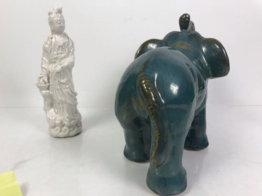 Signed White Chinese Blanc de Chine Porcelain Figure of Guanyin Guan Yin And Decorative Elephant Figurine [Photo 12]