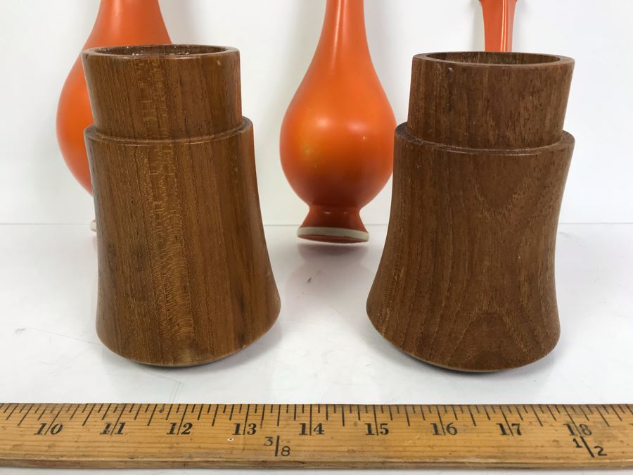 DANSK Designs Wooden Mid-Century Candleholders And Set Of (3) Mid-Century Orange Wall Decorations [Photo 2]