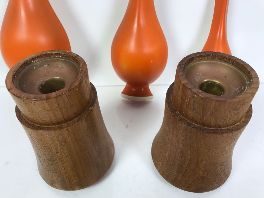 DANSK Designs Wooden Mid-Century Candleholders And Set Of (3) Mid-Century Orange Wall Decorations [Photo 4]