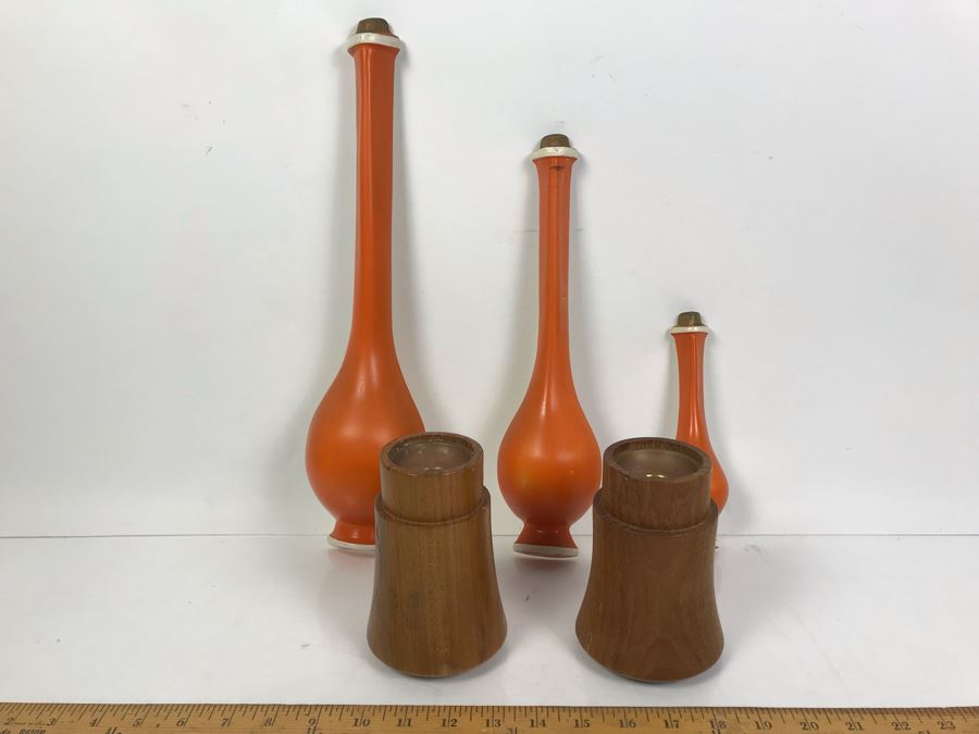 DANSK Designs Wooden Mid-Century Candleholders And Set Of (3) Mid-Century Orange Wall Decorations