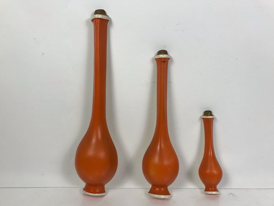 DANSK Designs Wooden Mid-Century Candleholders And Set Of (3) Mid-Century Orange Wall Decorations [Photo 6]