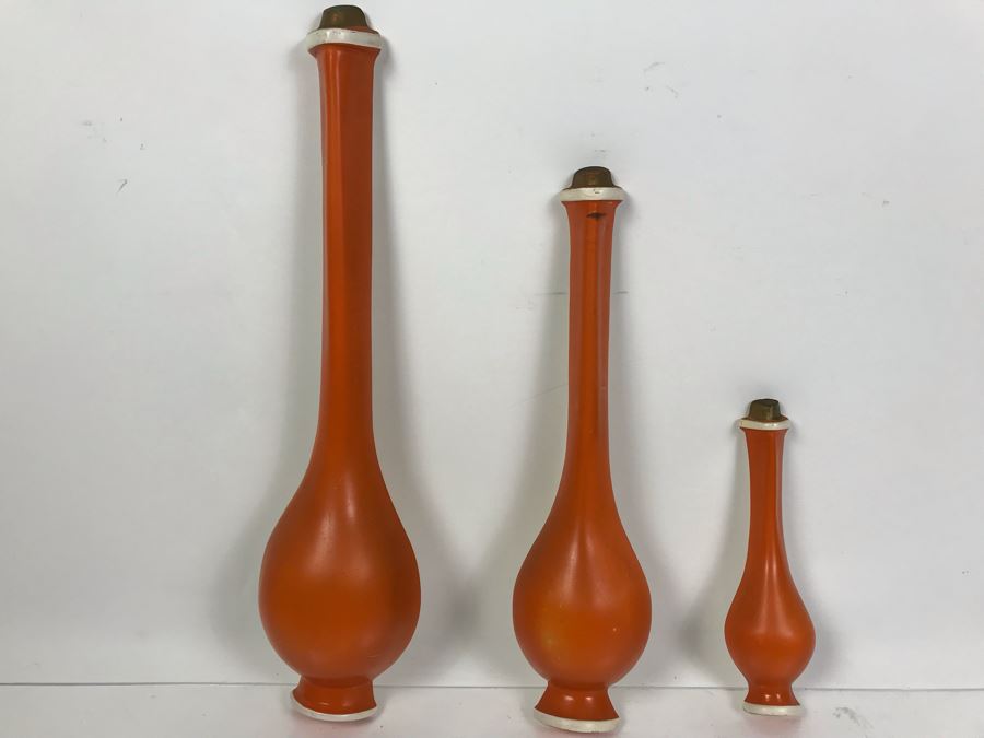 DANSK Designs Wooden Mid-Century Candleholders And Set Of (3) Mid-Century Orange Wall Decorations [Photo 7]