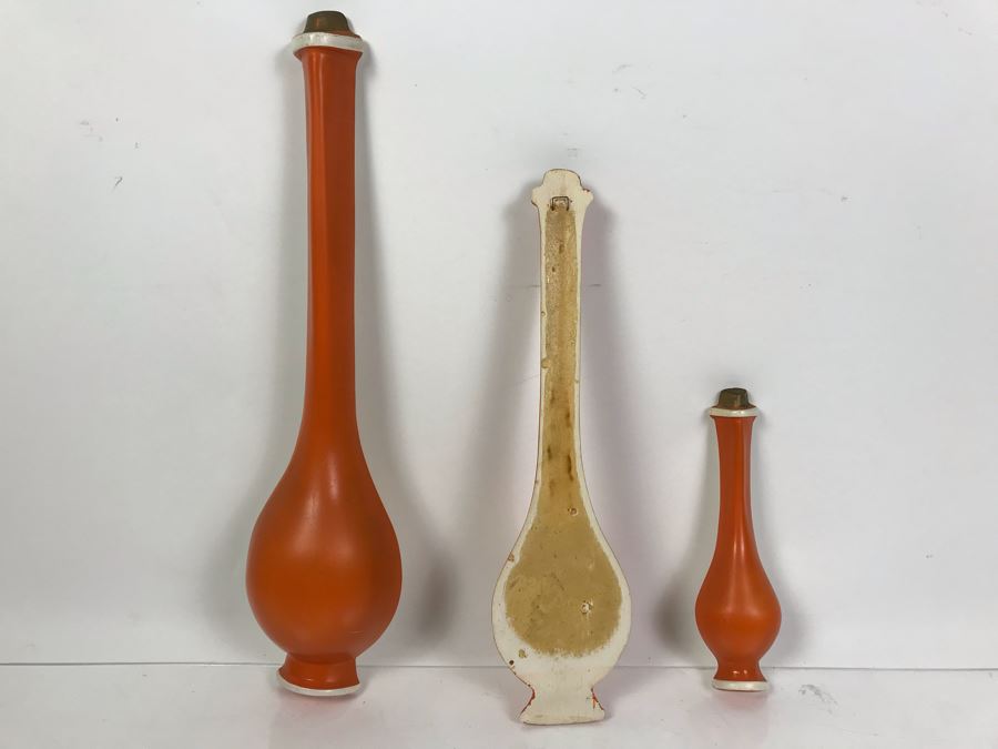 DANSK Designs Wooden Mid-Century Candleholders And Set Of (3) Mid-Century Orange Wall Decorations [Photo 8]
