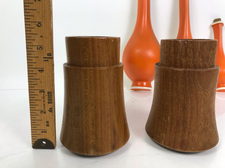 DANSK Designs Wooden Mid-Century Candleholders And Set Of (3) Mid-Century Orange Wall Decorations [Photo 11]