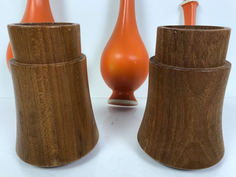 DANSK Designs Wooden Mid-Century Candleholders And Set Of (3) Mid-Century Orange Wall Decorations [Photo 3]