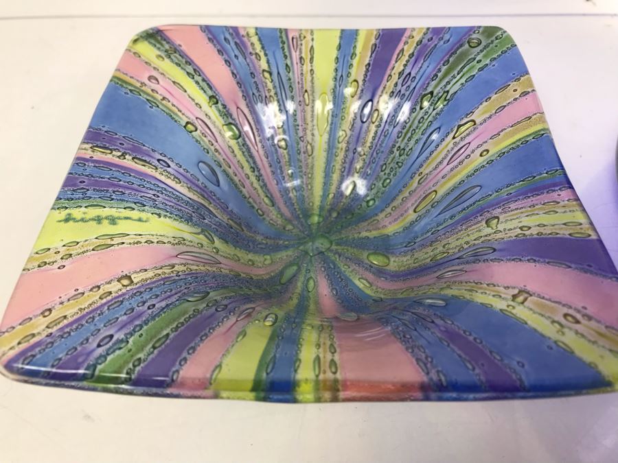 Signed Higgins Art Glass Bowl Dish 5'W And Hand Blown Art Glass Cobalt Blue Bottle Vase 7'H [Photo 2]