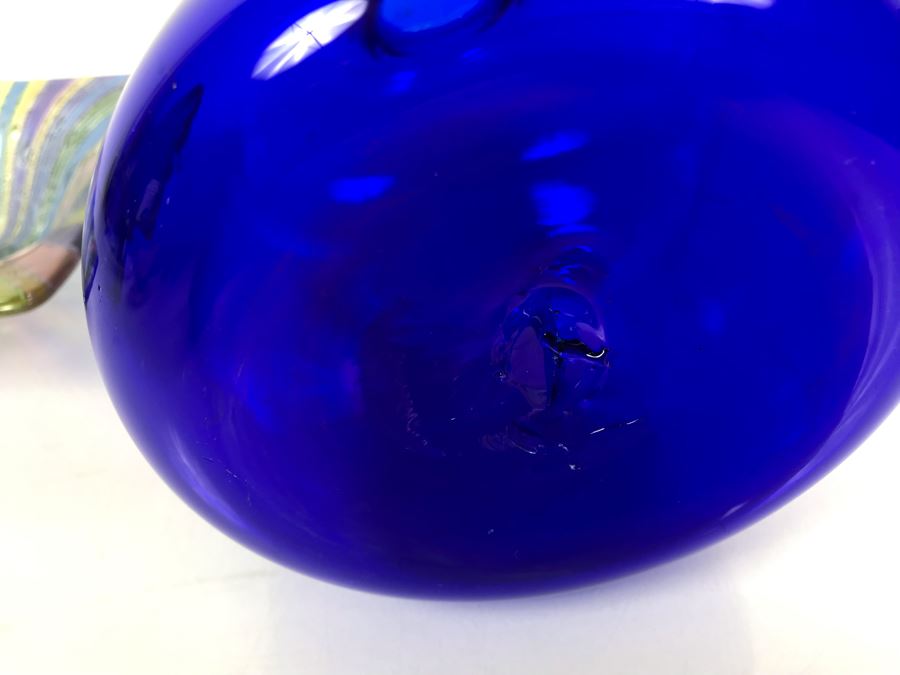 Signed Higgins Art Glass Bowl Dish 5'W And Hand Blown Art Glass Cobalt Blue Bottle Vase 7'H [Photo 9]