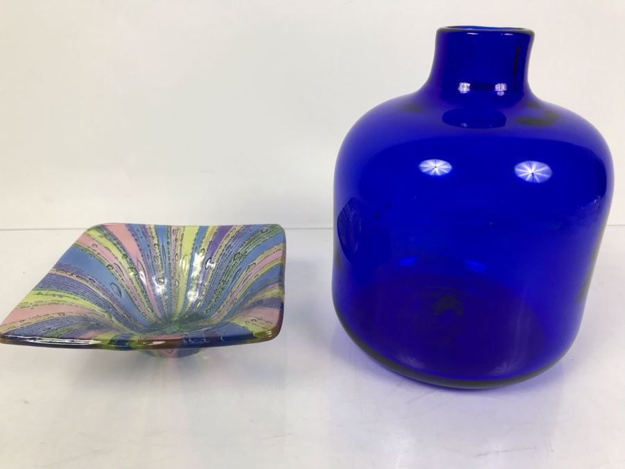 Signed Higgins Art Glass Bowl Dish 5'W And Hand Blown Art Glass Cobalt Blue Bottle Vase 7'H