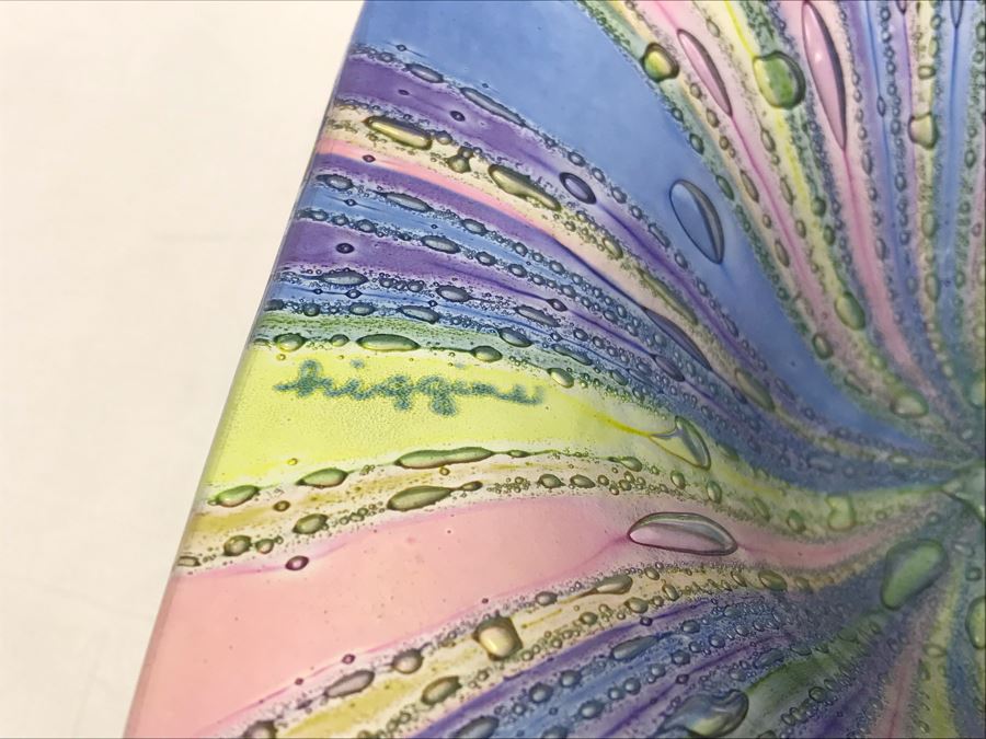 Signed Higgins Art Glass Bowl Dish 5'W And Hand Blown Art Glass Cobalt Blue Bottle Vase 7'H [Photo 5]