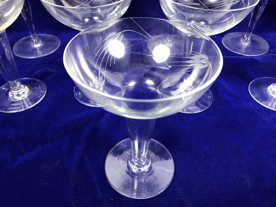 Etched Glass Wheat Pattern Stemware Glasses 13 Pieces [Photo 6]