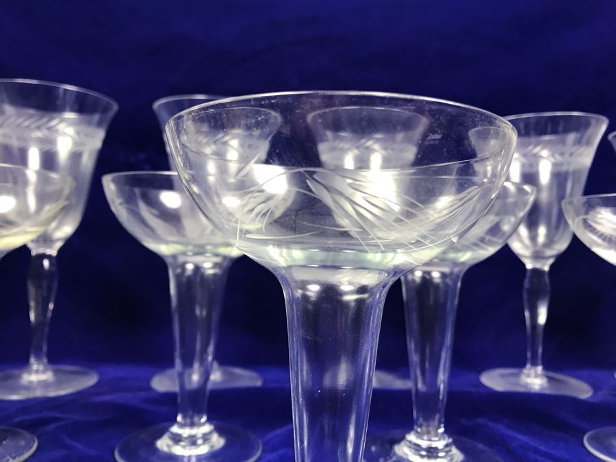 Etched Glass Wheat Pattern Stemware Glasses 13 Pieces [Photo 5]