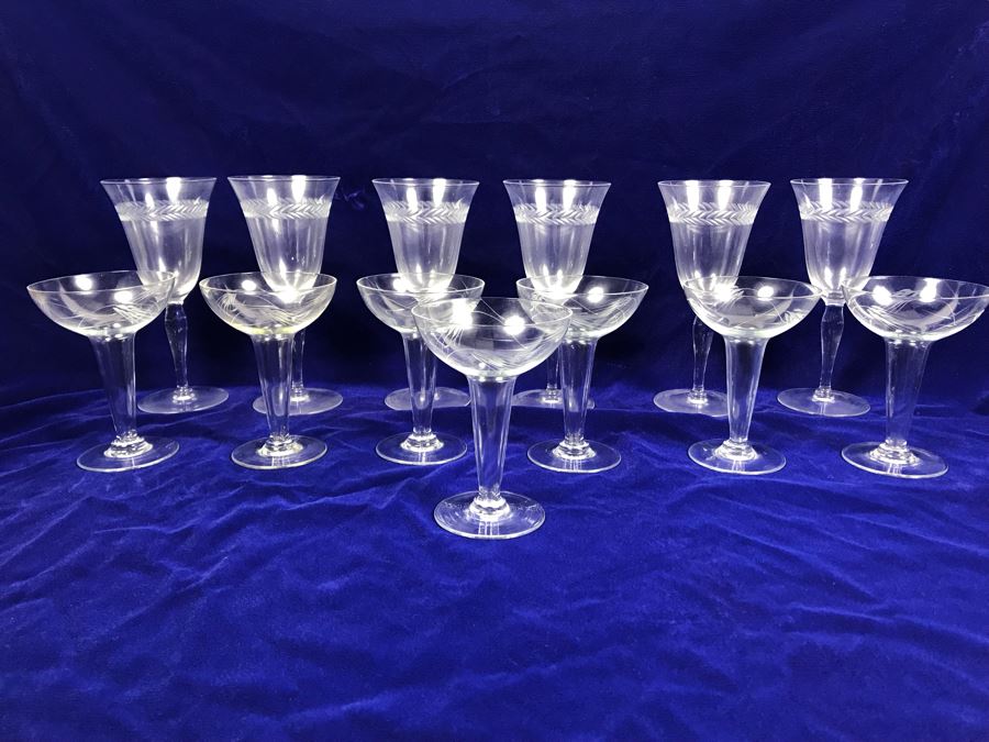 Etched Glass Wheat Pattern Stemware Glasses 13 Pieces