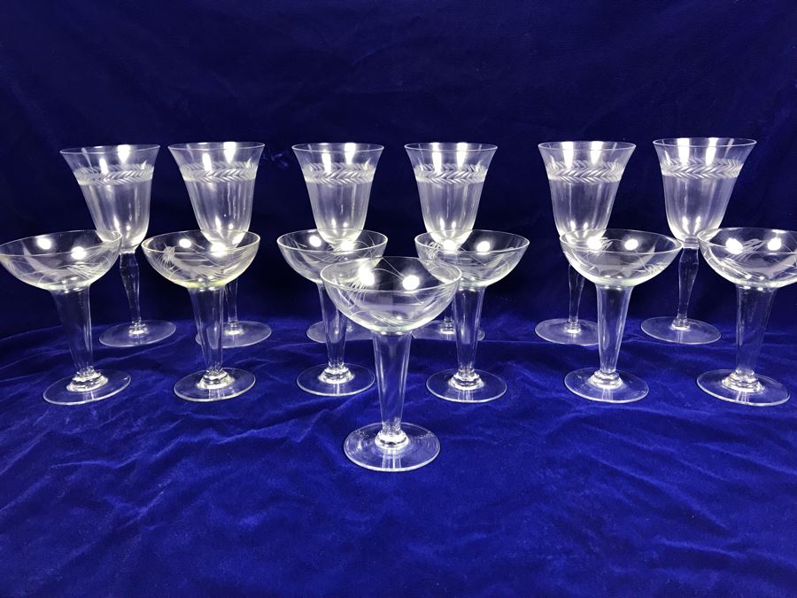 Etched Glass Wheat Pattern Stemware Glasses 13 Pieces [Photo 1]