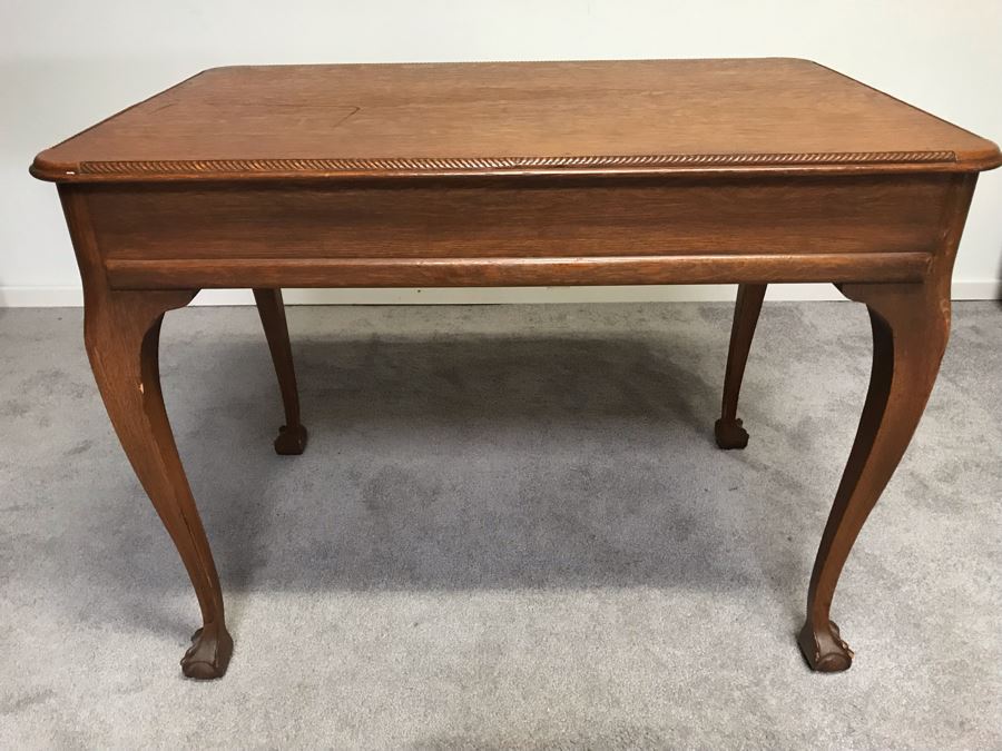Vintage Tiger Oak Writing Desk With Ball And Claw Feet And Deep Drawer Owned By William 'Bill' H. Harris, RADM, USN (Ret.) 38'W X 25'D X 29'H [Photo 14]