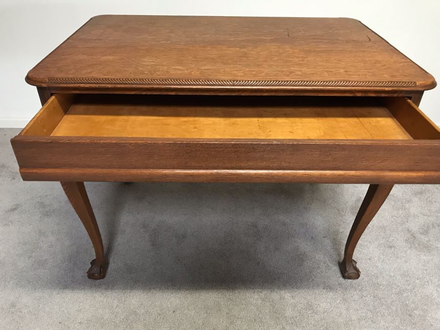 Vintage Tiger Oak Writing Desk With Ball And Claw Feet And Deep Drawer Owned By William 'Bill' H. Harris, RADM, USN (Ret.) 38'W X 25'D X 29'H [Photo 8]