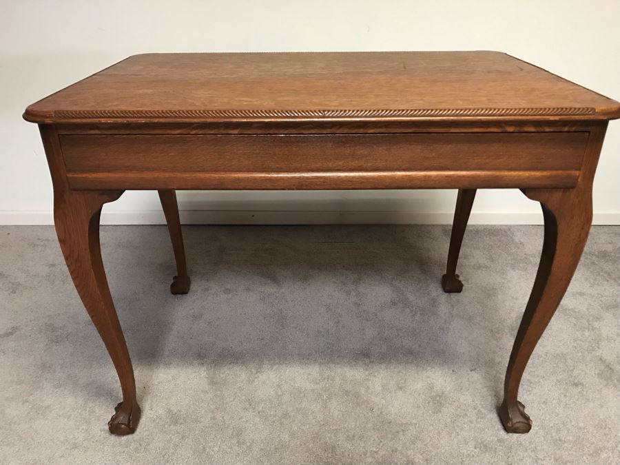 Vintage Tiger Oak Writing Desk With Ball And Claw Feet And Deep Drawer Owned By William 'Bill' H. Harris, RADM, USN (Ret.) 38'W X 25'D X 29'H