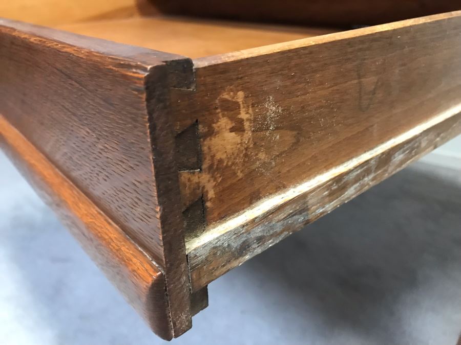 Vintage Tiger Oak Writing Desk With Ball And Claw Feet And Deep Drawer Owned By William 'Bill' H. Harris, RADM, USN (Ret.) 38'W X 25'D X 29'H [Photo 10]