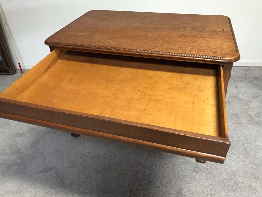 Vintage Tiger Oak Writing Desk With Ball And Claw Feet And Deep Drawer Owned By William 'Bill' H. Harris, RADM, USN (Ret.) 38'W X 25'D X 29'H [Photo 9]